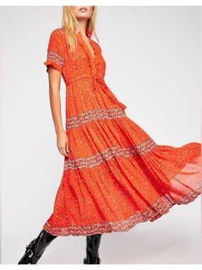 Free People Rare Feeling Orange Floral Tiered Maxi Boho Western Dress Women’s S